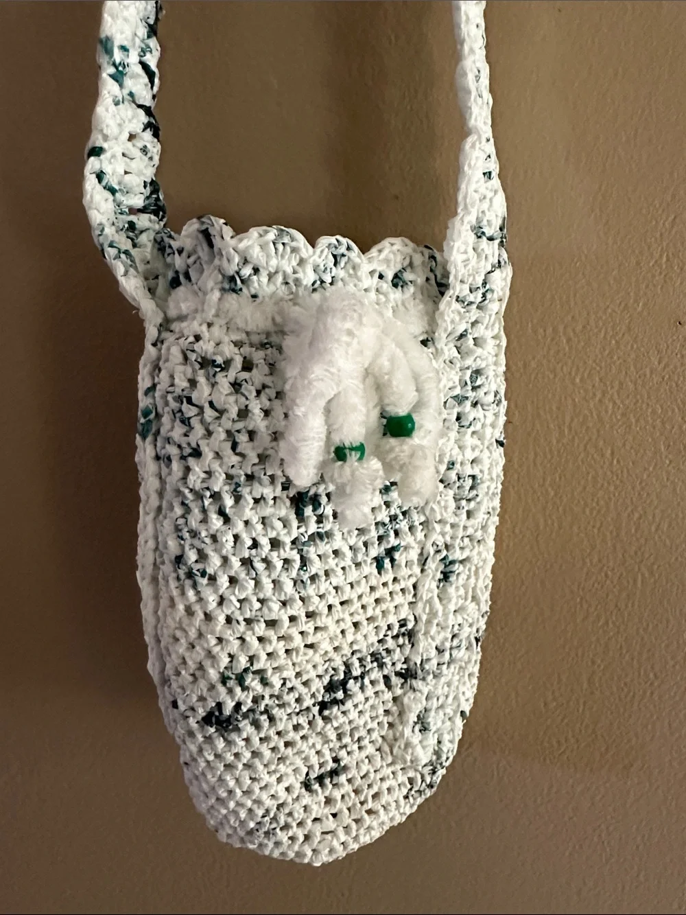 Handmade Crocheted White Speckled Crossbody Bag - Women